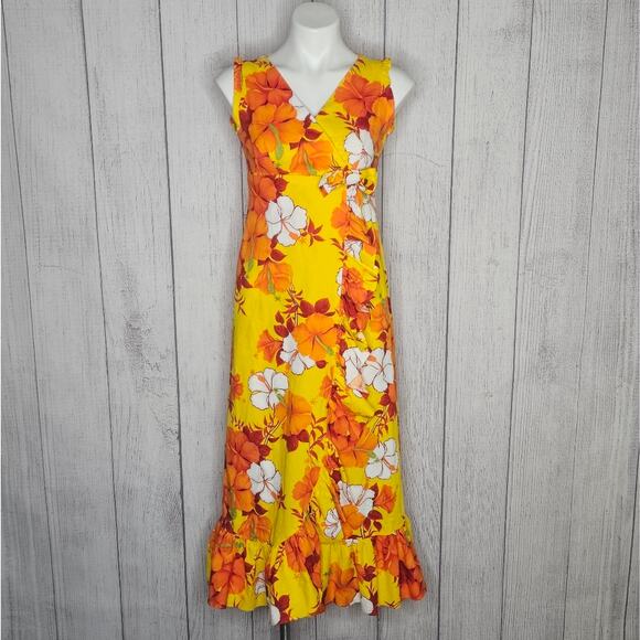 Amazing Handmade Vintage Neon Yellow/Orange Floral Faux Wrap Ruffle Maxi Dress